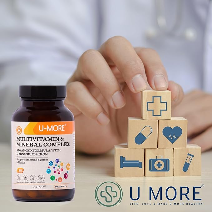 U-MORE Multivitamin & Mineral Complex, Vegan, Sugar-Free, Gluten-Free, Calcium, Magnesium, Vitamin A, B1, B2, B5, B6, B12, D3, K, C, Iron, Zinc, Supports Immune System & Overall Health - 60 Tablets