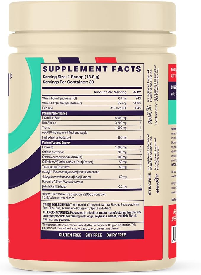 Podium Nutrition, Fuse Pre Workout Powder, Blue Razz Slushie, 30 Servings, Beta Alanine and Caffeine for Energy, Gluten Free, Soy Free, Dairy Free