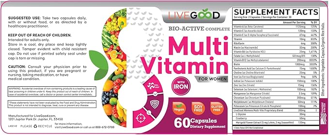 LIVEGOOD™ Women's Bio-Active Complete Multivitamin with Iron, Vitamin A, B12, C, E, Lycopene, Vegan, 60 Capsules