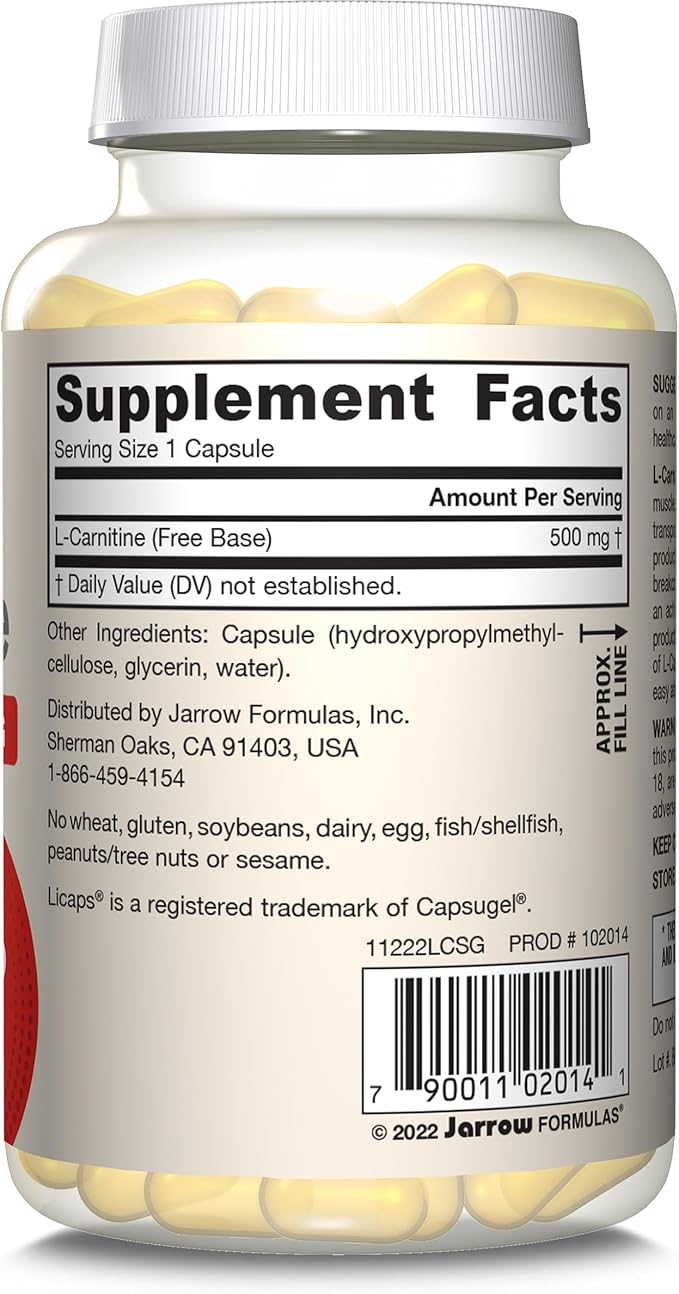 Jarrow Formulas L-Carnitine 500 mg - 100 Veggie Licaps - Important Cofactor for Energy Production (ATP) from Fats - Dietary Supplement - Vegan - Up to 100 Servings