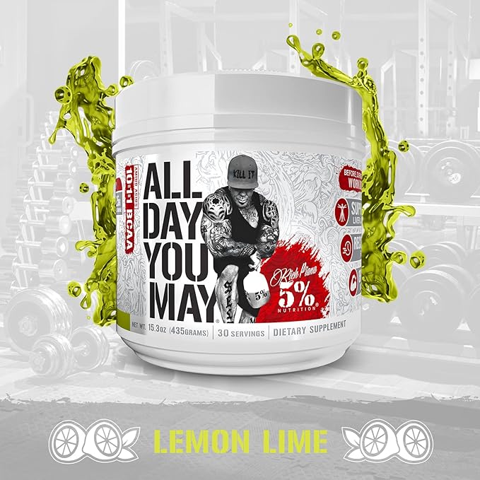 5% Nutrition Rich Piana AllDayYouMay BCAA Powder | Premium Intra & Post Workout Amino Acids, Hydration, Endurance, Muscle Recovery, Joint & Liver Support | 15.3 oz, 30 Servings (Lemon Lime)