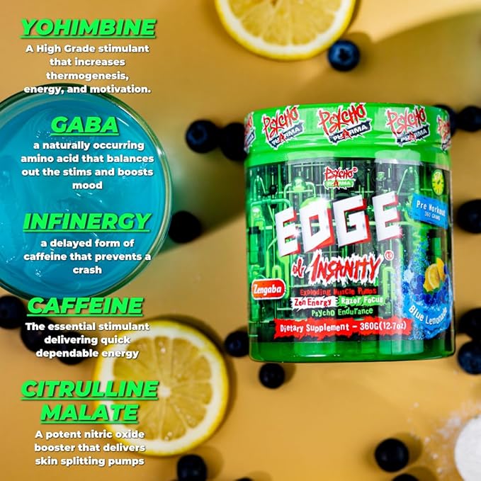 Psycho Pharma Strongest High Stim Preworkout Powder - Edge of Insanity - Most Intense Pre Workout Supplement for Pumps, Strength, Energy and Feel Good Focus. Rivals Famous PWOs of The Past