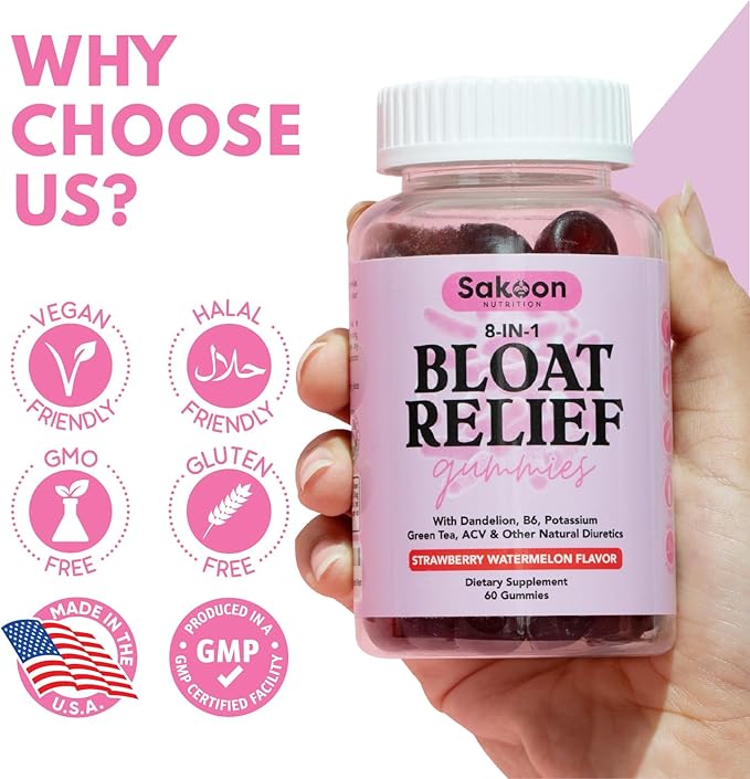 Sakoon nutrition Bloating Relief Gummies for Women - Green Tea, ACV, Dandelion, Buchu Leaf, Natural Digestion Support, 60 Gummies, Watermelon Flavor