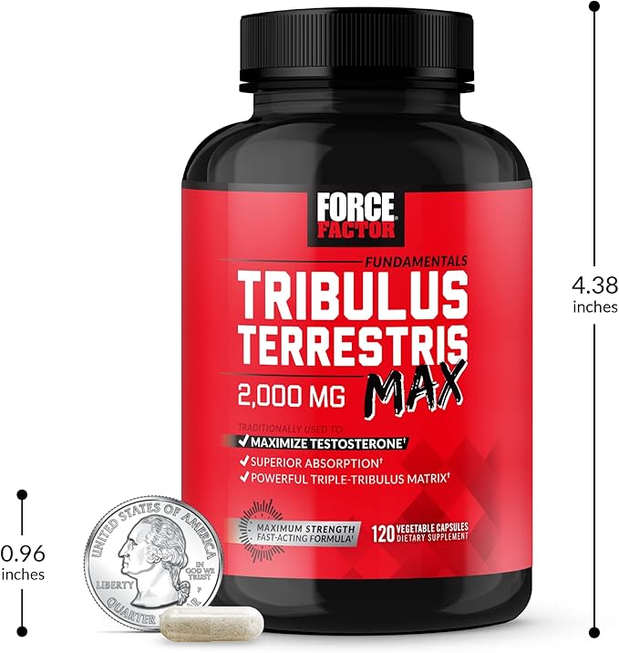 FORCE FACTOR Tribulus Terrestris Max for Men 2-Pack, Testosterone Booster, Male Vitality Supplement, Made with Key Natural Ingredients Superior Absorption, 2000mg, 240 Capsules, Red
