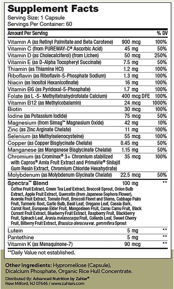 Zahler Multivitamin 50+, Iron-Free Formula + Lutein for Eye Health, 60 Capsules.