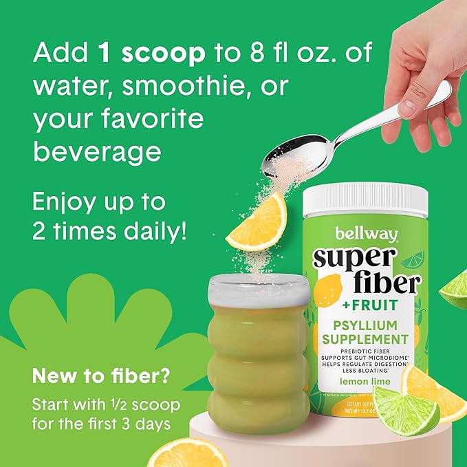 Bellway Super Fiber Powder + Fruit (3 Pack), Sugar Free Organic Psyllium Husk Powder Fiber Supplement for Regularity, Bloating Relief & Gut Health, Non-GMO, Plant-Based, Lemon Lime (150 Servings)