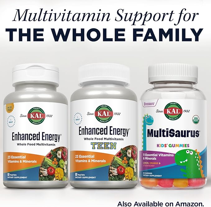 KAL Enhanced Energy Supplements, Whole Food Chewable Multivitamin with Iron, 3 Daily, 23 Essential Vitamins and Minerals, Super Foods, Enzymes, Mango Pineapple Flavor, 60-Day Guarantee, 20 Serv, 60ct