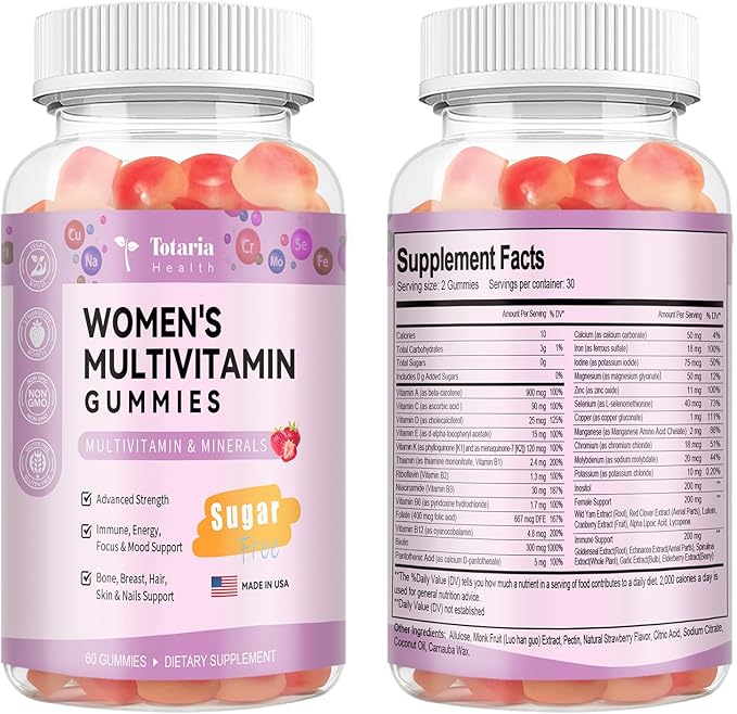 Sugar Free Multivitamin Gummies for Women 14+ w/Iron, Inositol, Folate, Biotin, Womens Daily Multivitamin Gummy w/Vitamin A, D, C, B, Support Hair, Skin, Energy, Immune, Strawberry Flavor