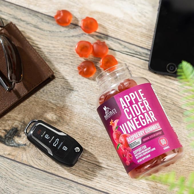 Vegan Apple Cider Vinegar Gummies 1000mg for Detox & Cleanse, ACV Gummy Vitamin B12 for Digestion Metabolism & Immune Health Support, Natural Apple Raspberry Flavor, Gluten Free - 60 Gummies