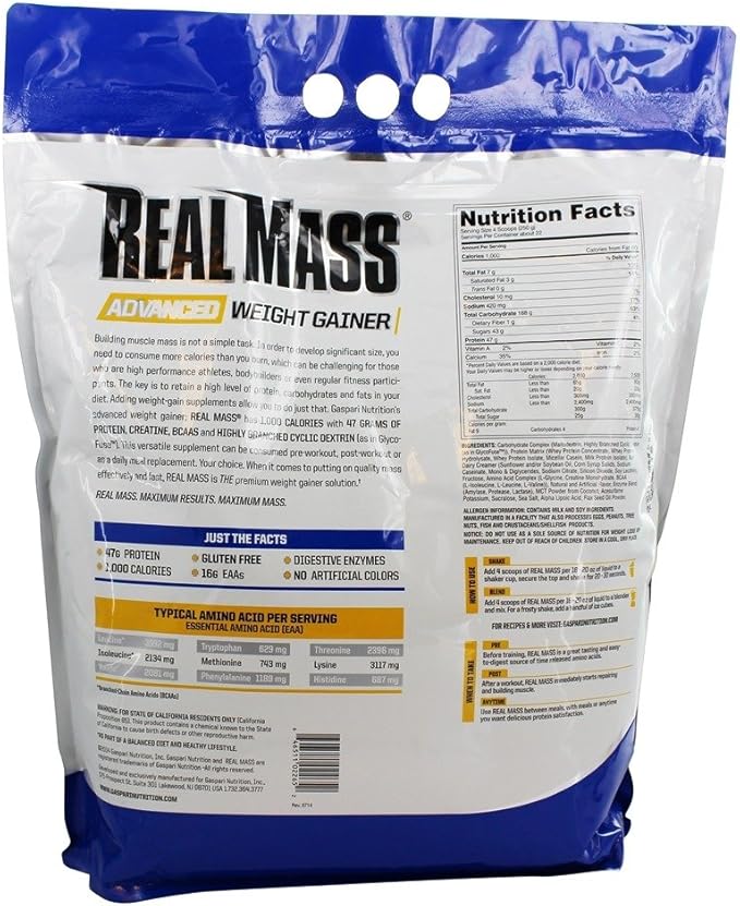 Gaspari Nutrition Real Mass, Advanced Weight Gainer, High Protein, Gycofuse Carbs, and Creatine Monohydrate, Modern Formulation for Mass (12 Pounds, Vanilla Milkshake)