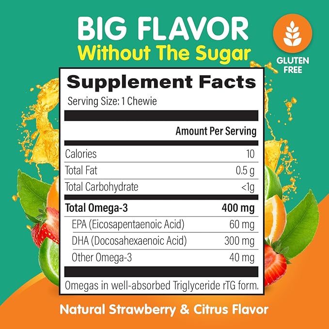 Omega 3 Gummies - Ultra-High DHA Chewable Gel Gummy - Omega 3 for Kids Supports Brain & Eye Health - Sugar-Free Natural Fruit Flavor - Kids Omega 3 Fish Oil Gummies (3 Pack)