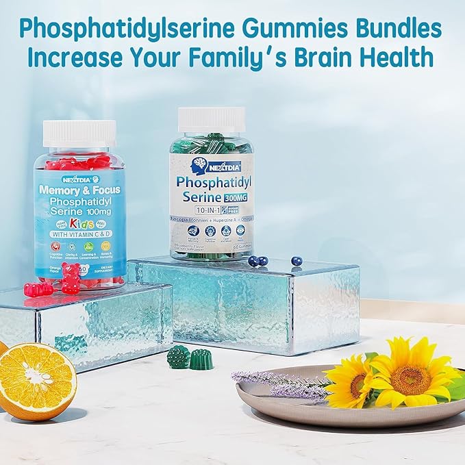 Phosphatidylserine Supplement 100mg, Focus Gummies for Kids Teens + Vitamin C & D3 400IU, Sugar Free Kids Brain Gummies Increase Attention & Concentration, Chewable, Vegan, Gluten Free, Non-GMO 60Cts