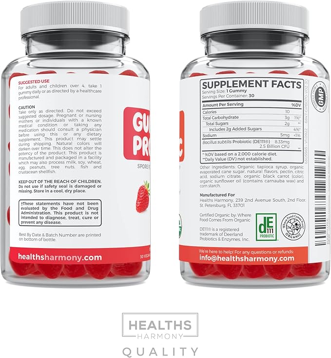 USDA Organic Probiotics for Kids (Non-GMO) Strawberry Flavor Kids Probiotic Gummies for Digestion & Immune Support - 2.5 Billion CFU of DE111 Spore Forming Strain for Maximum Survivability - 30 Gummys