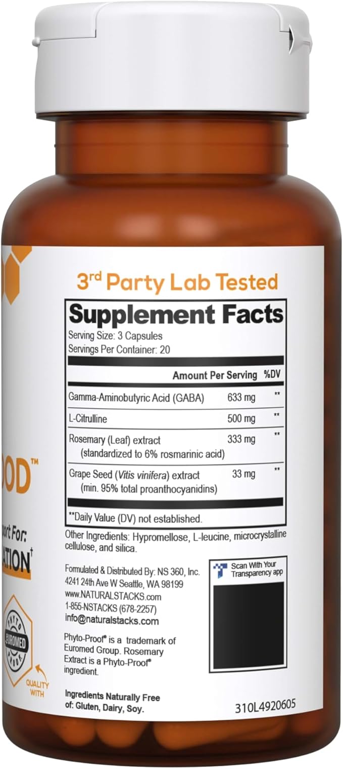 NATURAL STACKS GABA Supplement - L-Citrulline & Grape Seed Extract - Deep Relaxation and Calm - Night Time Aid - Promotes Healthy Production of GABA (Gamma-Aminobutyric Acid) - 60 Capsules