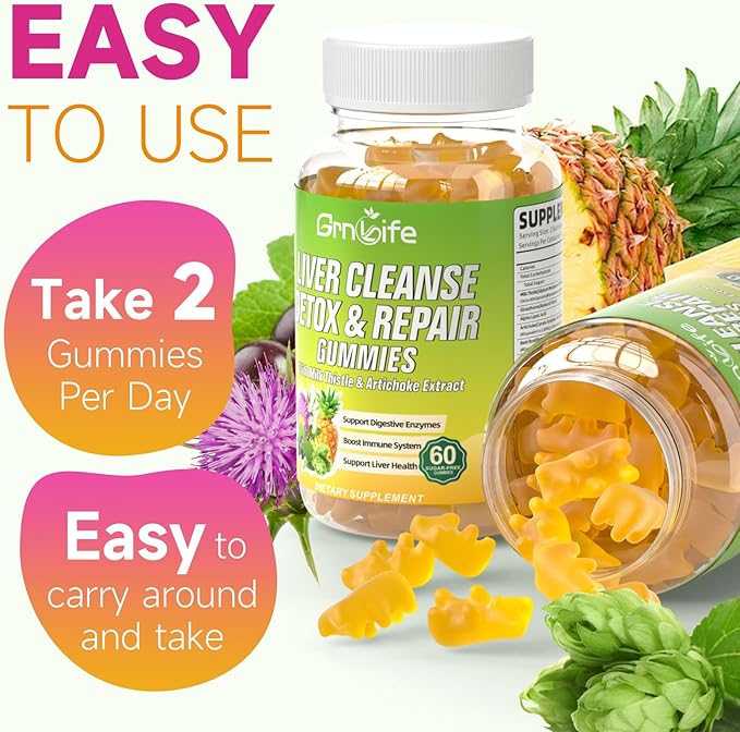 Liver Cleanse Detox & Repair Gummies with Milk Thistle 3000mg, 24-in-1 Liver Health Supplement with Dandelion, Artichoke, Sugar Free Liver Detox Gummies, Pineapple Flavor - 120 Count