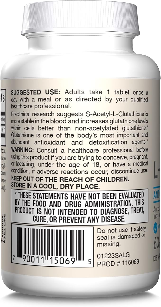 Jarrow Formulas S-Acetyl L-Glutathione Tablets - 100 mg - 60 Count - Dietary Supplement - Stable Form of L-Glutathione - for Antioxidant Support and Detoxification - Non-GMO - Gluten Free
