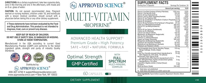 Approved Science Multi-Vitamin - with Full-Spectrum B-Vitamins, Green Tea, Lutein, Lycopene, Zeaxanthin, BioPerine - 60 Capsules - 3 Month Supply