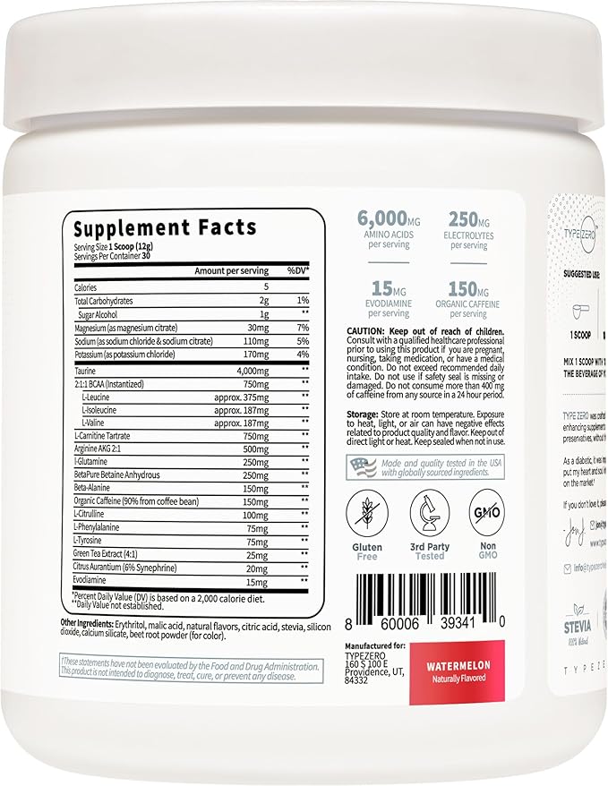 Type Zero AminoBurn - Vegan Amino Acids Energy Pre Workout Drink for Women/Men (Watermelon) Sugar-Free Energy Drink Powder & Amino Acids Supplement - Natural Preworkout Energy