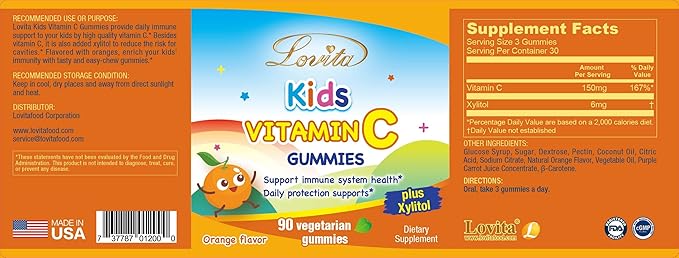 Lovita Vegan Vitamin C Gummies for Kids, Great Tasting Plant-Based Formula, Immune Function Support with Vitamin C 150mg per Daily Servings & Xylitol, Natural Orange Flavored, 90 Gummies