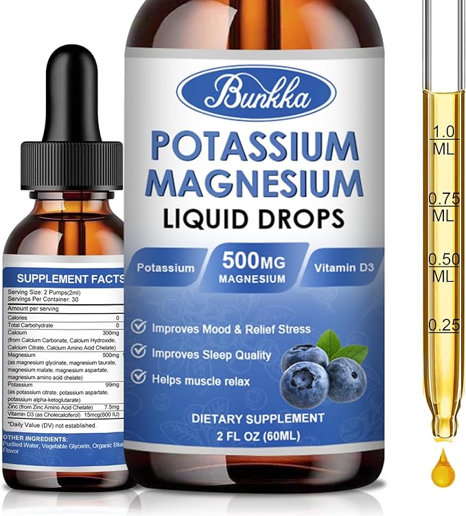Potassium Magnesium Liquid Drops Supplement with Potassium 99mg, Magnesium 500mg,Calcium, Vitamin D3, Zinc, for Leg Cramps, Energy, Metabolism, for Adult and Kid,Sugar Free