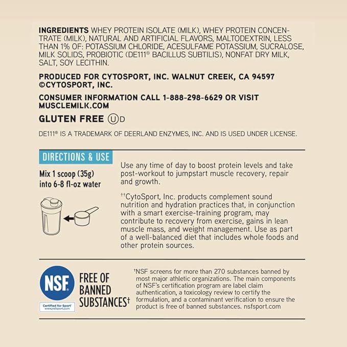 Muscle Milk 100% Whey With Probiotics Protein Powder, Vanilla, 1.85 Pound, 23 Servings, 27g Protein, 2g Sugar, 1B CFU Probiotics, Low in Fat, NSF Certified for Sport, Packaging May Vary