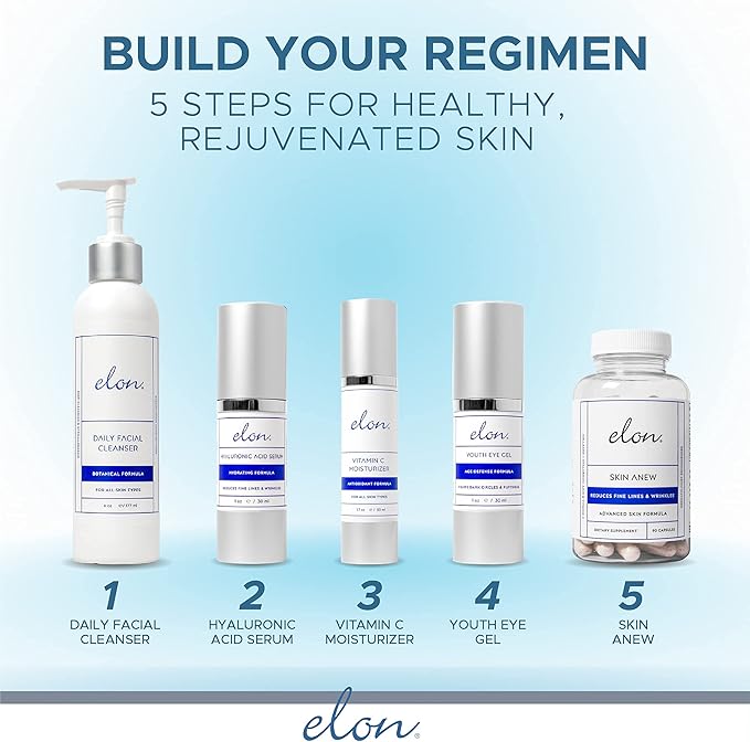 Elon Skin Anew with Hydrolyzed Collagen & Hyaluronic Acid & Antioxidants | Hydrating & Anti Aging Skin Supplement for Vibrant Skin Health (90 Capsules)