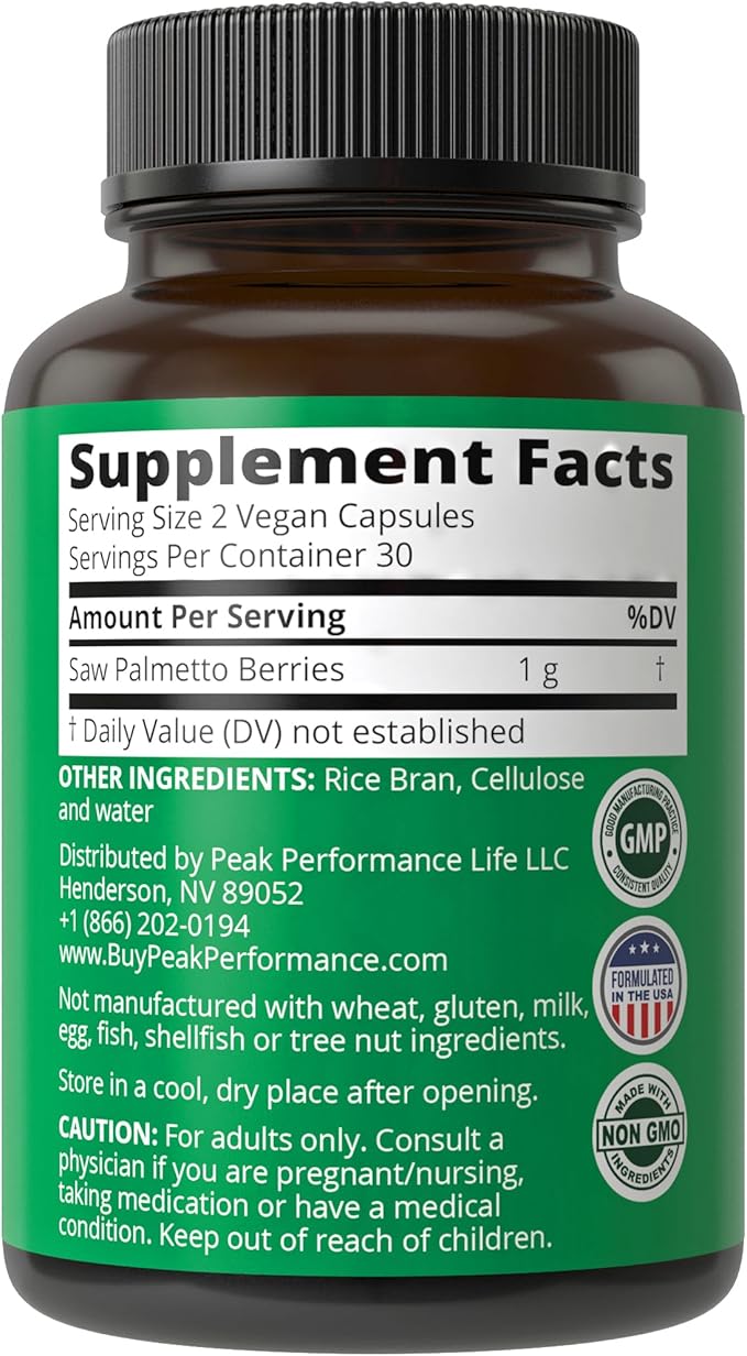 Peak Performance Saw Palmetto Capsules for Men and Women 1000mg All Natural Saw Palmetto Extract Pills. DHT Blocker Supplement for Hair Loss.