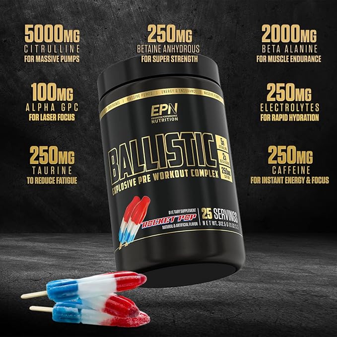 BALLISTIC Pre Workout | #1 New Pre Workout Powder w/ Nitric Oxide Booster, Electrolytes, Caffeine & Nootropics | Insane Pumps, Focus, Stamina, Energy, Hydration for Men & Women - Rocket Pop