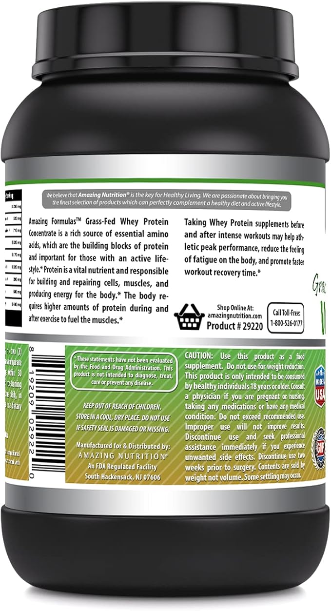 Amazing Formulas Grass FED Whey Protein (Non-GMO, Gluten Free) -Made with Natural Sweetener and Flavor - rBGH & RBST Free -Supports Energy Production & Muscle Growth (Unflavored, 2 Lb)