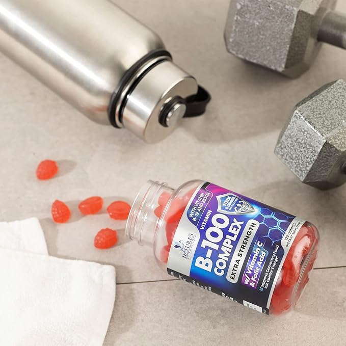 Super B Complex Gummy with Vitamin C & Folic Acid, Extra Strength Vitamin B Gummies Supplement with Niacin, B6, Folic Acid, B12, Biotin, Nature's Energy Immune Support Supplements - 120 Gummies