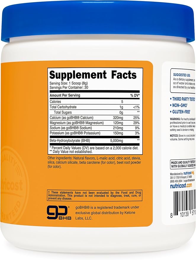 Nutricost BHB Salts Drink Mix (30 Servings, Peach Mango Flavored) (5G BHB Per Serving) - 0G Total Sugars, Vegetarian Product
