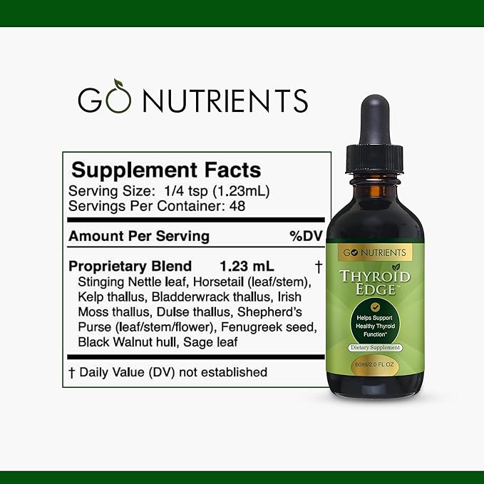 Go Nutrients Thyroid Edge - Thyroid Support for Women and Men - Comprehensive Natural Thyroid Supplement Rich in Iodine - Fast-Absorbing 2 oz Liquid Drops for Improved Energy & Enhanced Wellness