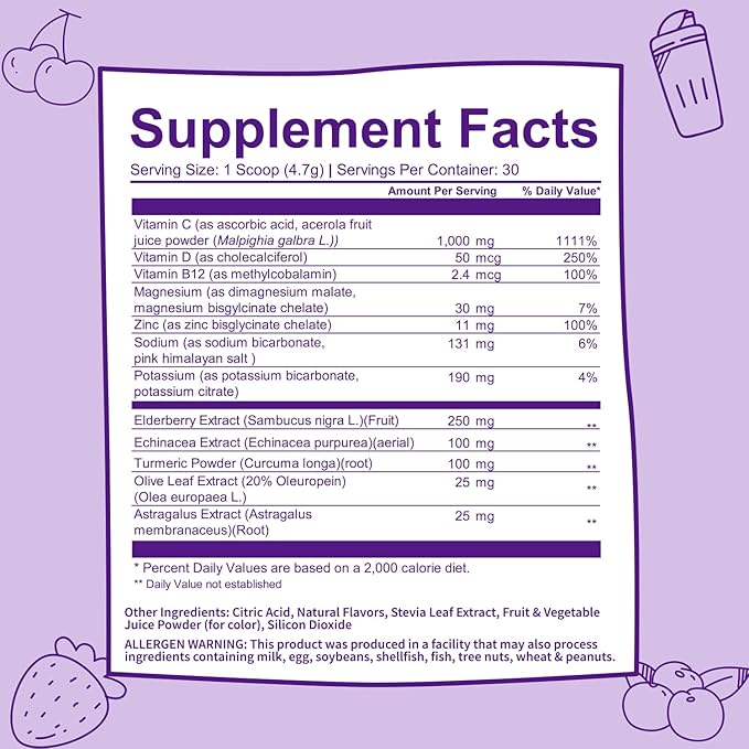 GOBIOTIX Vitamin C - Immune Defense Support Supplement - Immunity Powder Wellness Booster - Vegan Superfood - Elderberry, Turmeric, B12 Vitamin Supplement, Non-GMO and Sugar Free (Berry)