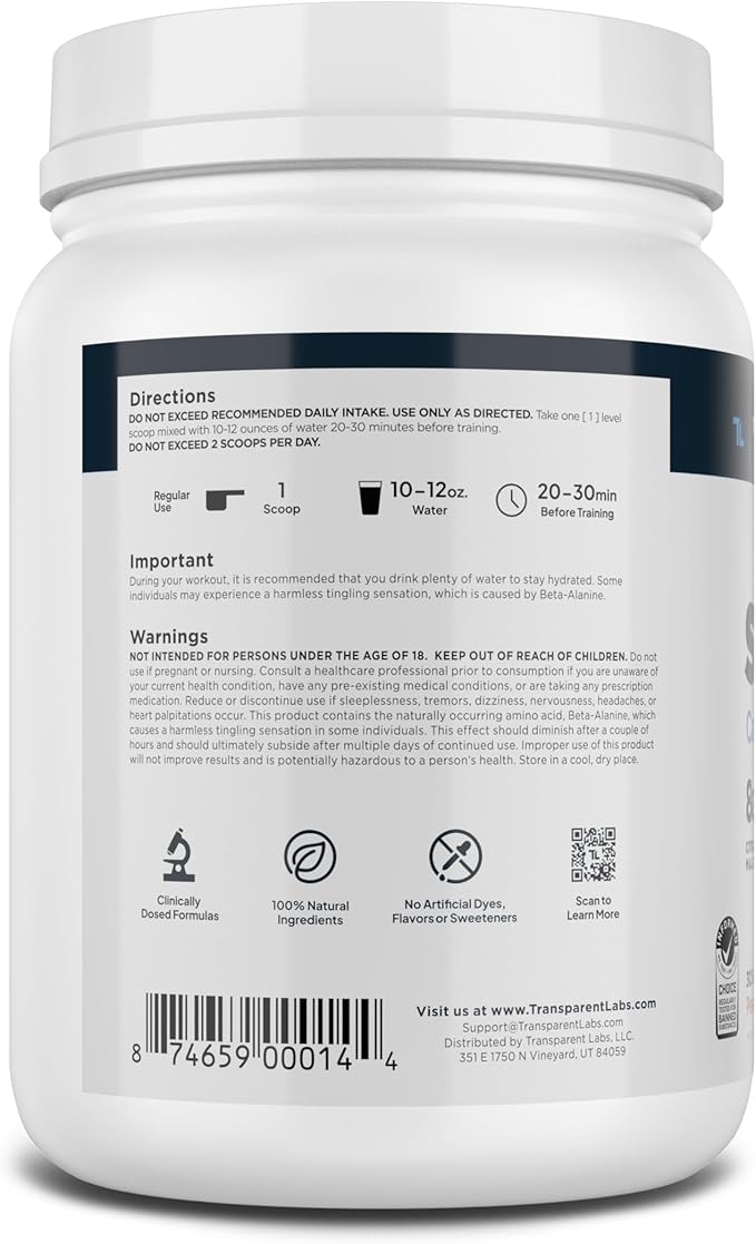 Transparent Labs Stim-Free Pre-Workout - Caffeine & Stim Free Pre Workout Powder Naturally Sweetened for Men and Women with Beta Alanine Powder, Citrulline Malate, & elevATP - 30 Servings, Peach Mango