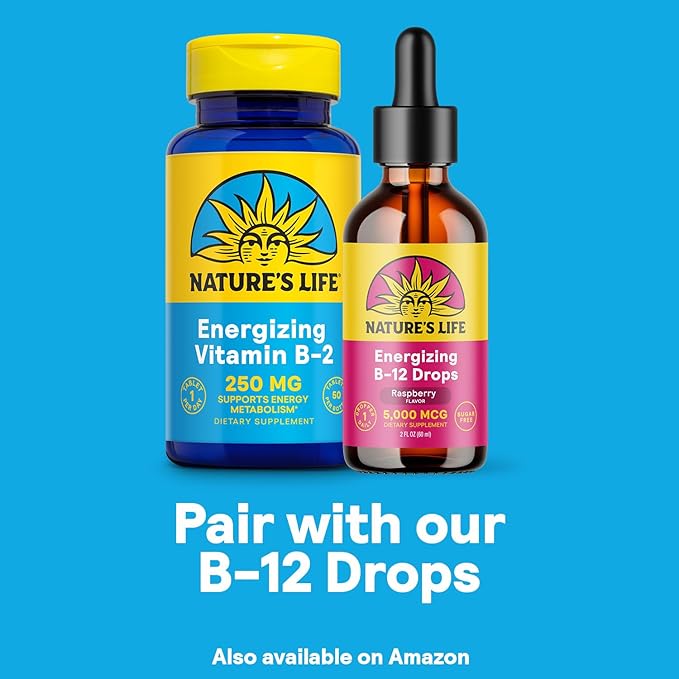 Natures Life Vitamin B-2 250 mg - Vitamin B2 Energy Pills for Metabolism Support - High-Potency Riboflavin Plus Calcium Supplement - One Per Day - 50 Servings, 50 Tablets