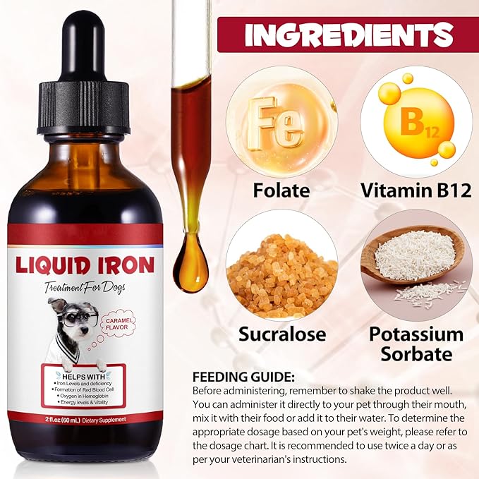 Liquid Iron Drops for Dogs, Liquid Iron Supplements for Dogs Supports Anemia, Promotes Blood Health, Improve Low Enery Levels and Lethargy - Pet Supplies Dog Vitamins - 60 ml/Caramel Flavor