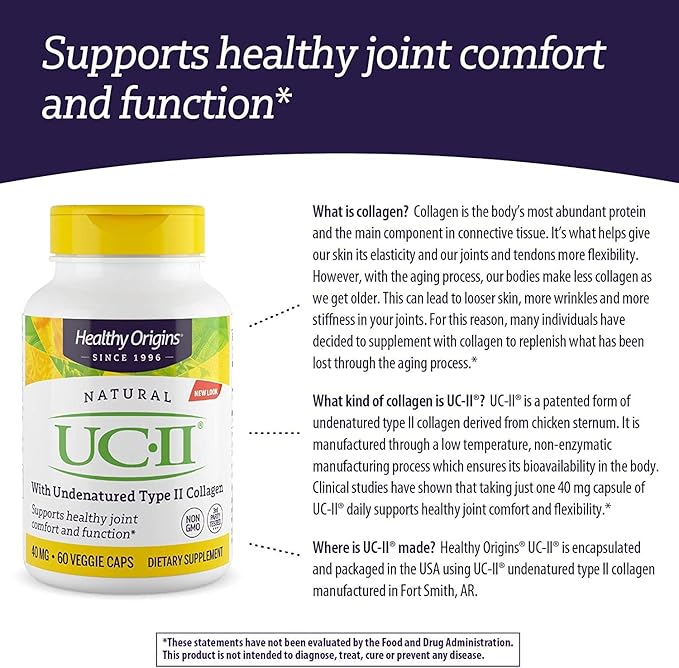 Healthy Origins UC-II, 40 mg - Premium Collagen Supplement for Joint Health, Mobility & Flexibility - Undenatured Type II Collagen - Gluten-Free & Non-GMO Supplement - 60 Veggie Caps