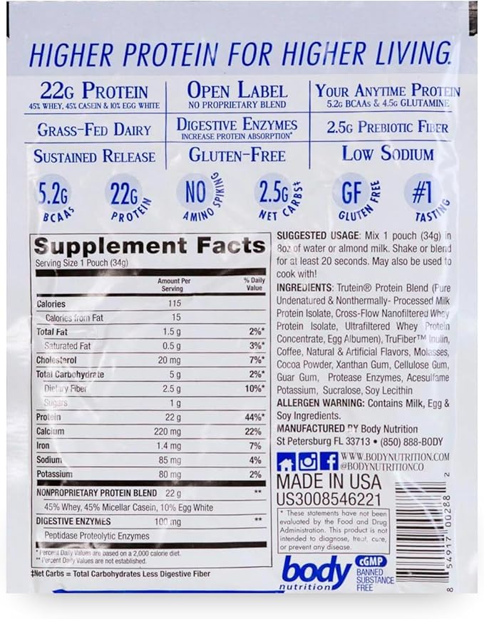 Body Nutrition Trutein High Protein Powder: 45% Whey, 45% Casein, 10% Egg White, Gluten-Free, Low Sodium, Grass Fed Whey Protein Powder, Gym Supplement & Breakfast Shake, Mocha, 34g Sample