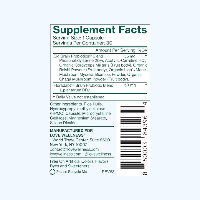 Love Wellness Big Brain Probiotics | Nootropics Brain Support Supplement | Brain Supplements for Memory and Focus | Promotes Mental Clarity & Mood | Organic Reishi, Chaga, & Lions Mane | 30 Count