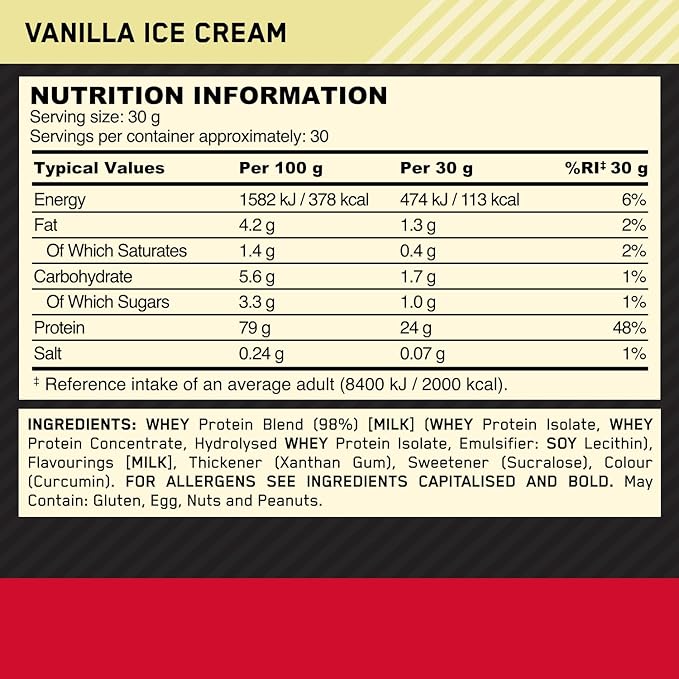 Optimum Nutrition Gold Standard 100% Whey Protein Powder, Vanilla Ice Cream, 2 Pound (Packaging May Vary)