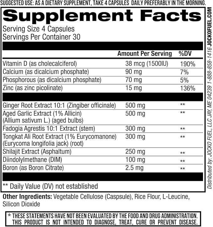 Jocko Fuel Test Booster for Men - Natural Endurance, Stamina, & Strength Booster - Muscle Builder for Men & Nitric Oxide Support with Ginger Root, Shilijat, & Tongkat Ali, 120ct (30 Servings)
