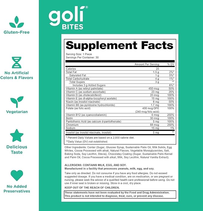 Goli Nutritional Supplement, Multi Vitamin Chewable Bites - 30 Count - Milk Chocolate Vanilla Cocoa Flavor 10+ Vitamins & Nutrients for Overall Health & Wellbeing, Immune, Nervous System Support