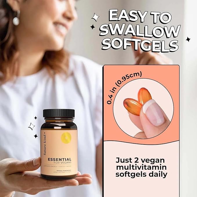 Future Kind Vegan Multivitamins - Glass Bottle & Made for Vegans w/Omega 3 DHA+EPA, Vitamin B12 & D3 - Vegan Vitamin for Energy, Focus, & Mood - Vegan Vitamins for Women & Men, 60 Tiny Softgels