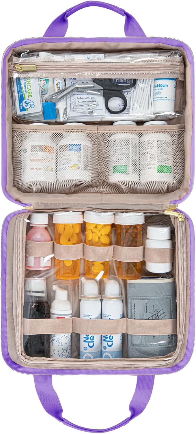 Leudes Travel Pill Bottle Organizer,Medicine Organizer and Storage,Home Medication Bag, Cases,Carrier for Pills,Vitamin,Fish Oil,Supplements for Women and Men (Large, Purple)