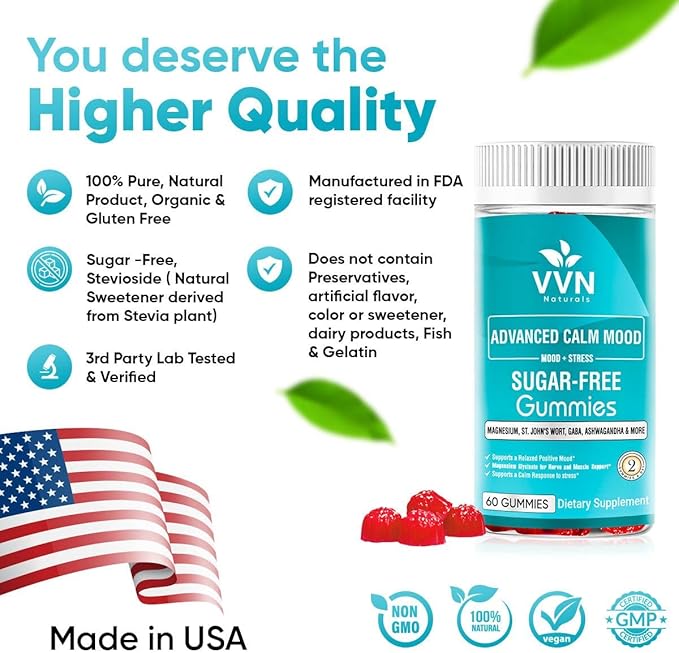 Sugar Free 22 in 1 Calm Mood Gummies St. John's Wort, 5-HTP, GABA, Ashwagandha| Magnesium Glycinate Gummies | Non-GMO, Natural Support Stress & Relaxation, Mood & Energy | Vegan, 60 ct.