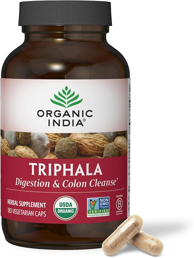 ORGANIC INDIA Triphala Capsules Organic - Herbal Supplement with Amla, Bibhitaki, Haritaki, Digestion & Colon Support, Immune System Support, Adaptogen, Vegan, USDA Certified Organic - 180 Capsules