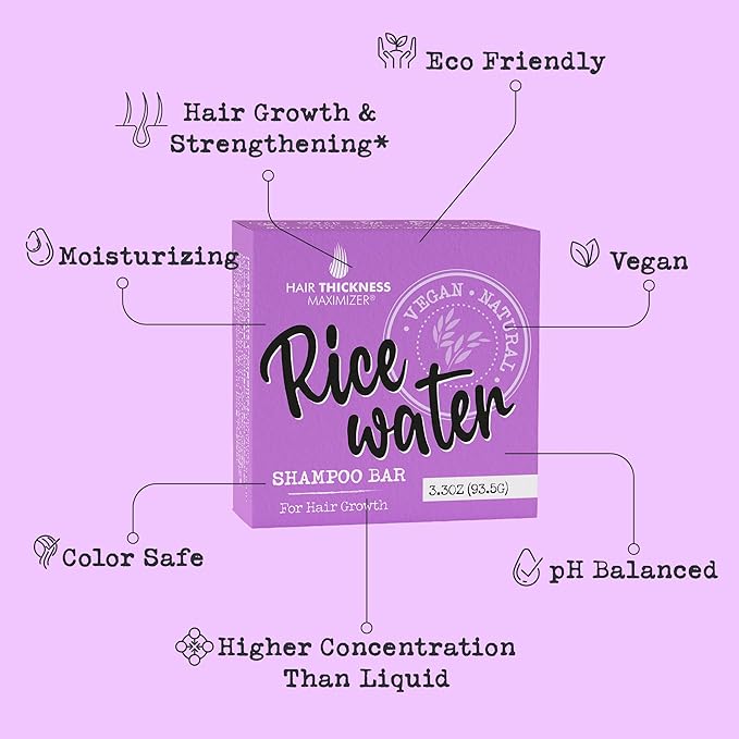 Rice Water Shampoo Bar for Hair Growth, Strengthening, Moisturizing. Eco Friendly, Vegan, USA Made. Color Safe, pH Balanced. No Harsh Chemicals or Plastic. Higher Concentration Than Liquid
