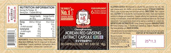 CheongKwanJang Korean Red Ginseng Extract Capsules Plus | All-in-1 Focus Pills for Men & Women | Natural Energy Supplements,Circulation, Immune Support, Brain Booster | 30 Capsules