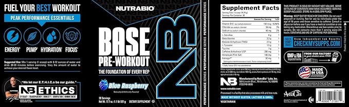 NutraBio Base Pre-Workout Sports Nutrition Powder - Sustained Energy, Mental Focus, Endurance, Hydration - Preworkout for Men and Women - Increase Energy- 30 Servings - Blue Raspberry