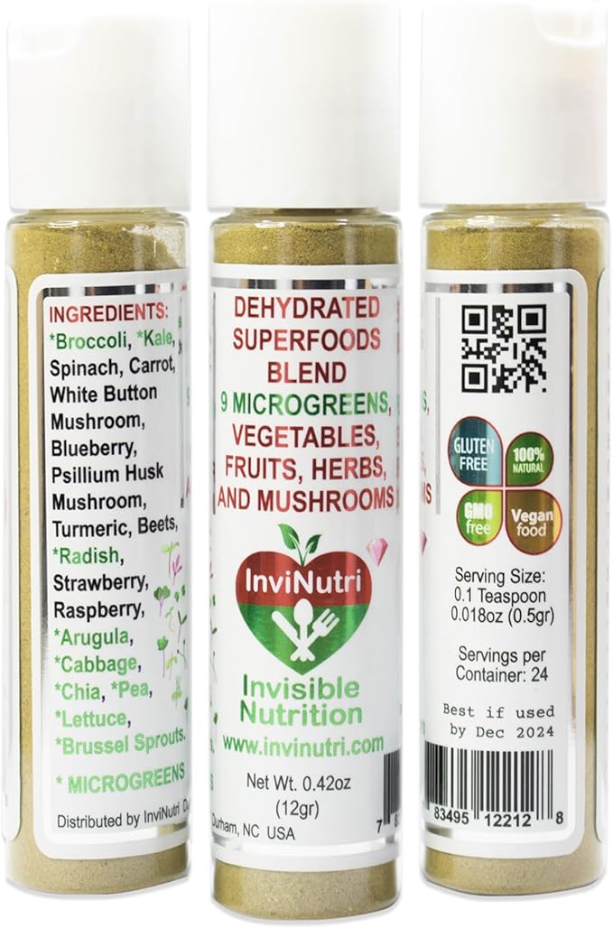 InviNutri Superfoods Powder Solution for ARFID Special Needs Picky Eaters. Microgreens Veggies Fruits Mushrooms, Turmeric. Invisible 40x Nutrient-Rich 30mg Sulforaphane Vitamin Supplement 72 Servings